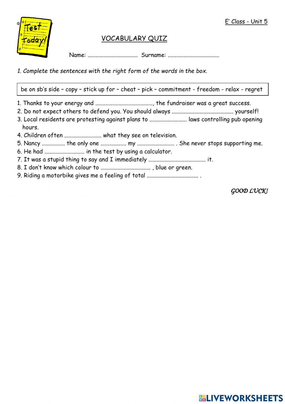 Cosmic B1+ Unit 5 Vocabulary Quiz