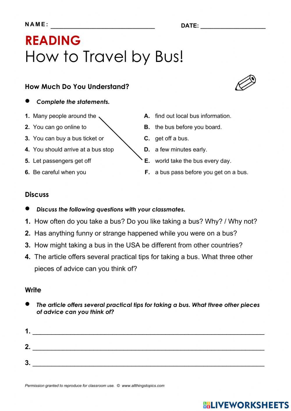 BUS TRAVEL - VOCABULARY - READING