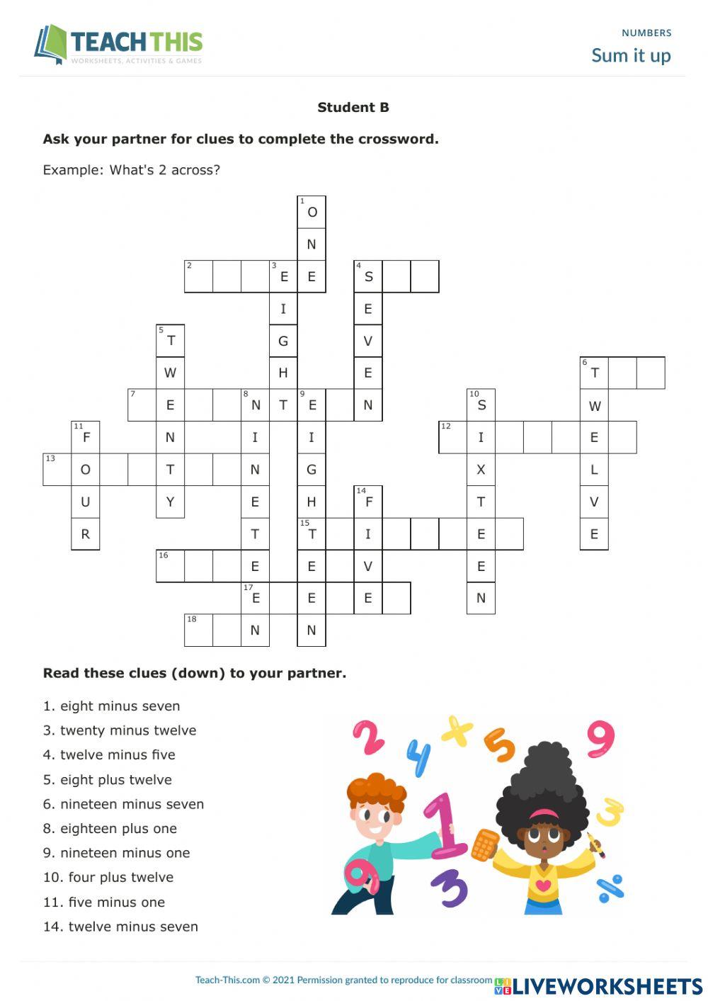 Student B Number crossword pair work online exercise for Live Worksheets