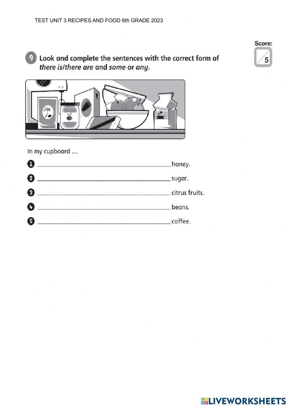 TEST UNIT 3 ENGLISH: RECIPES AND FOOD 5th GRADE
