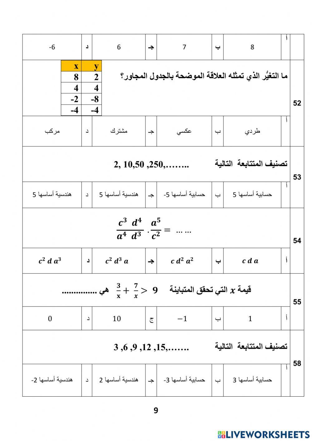 بنك اسئلة اختياري رياضيات 2-2