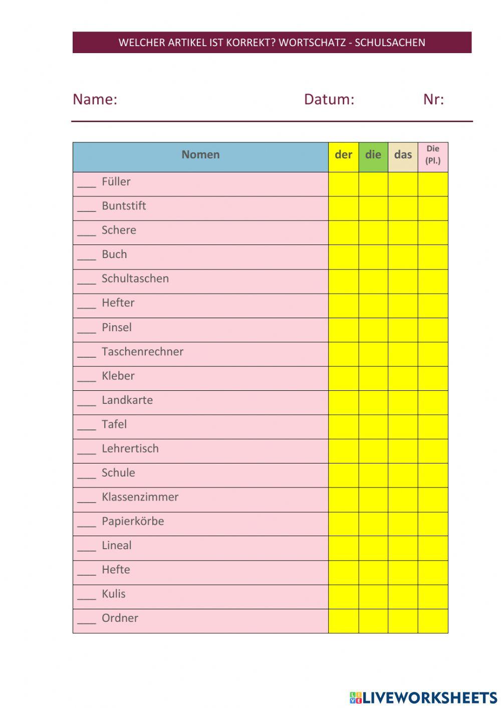 Welcher Artikel ist Korrekt - Wortschatz Schulsachen