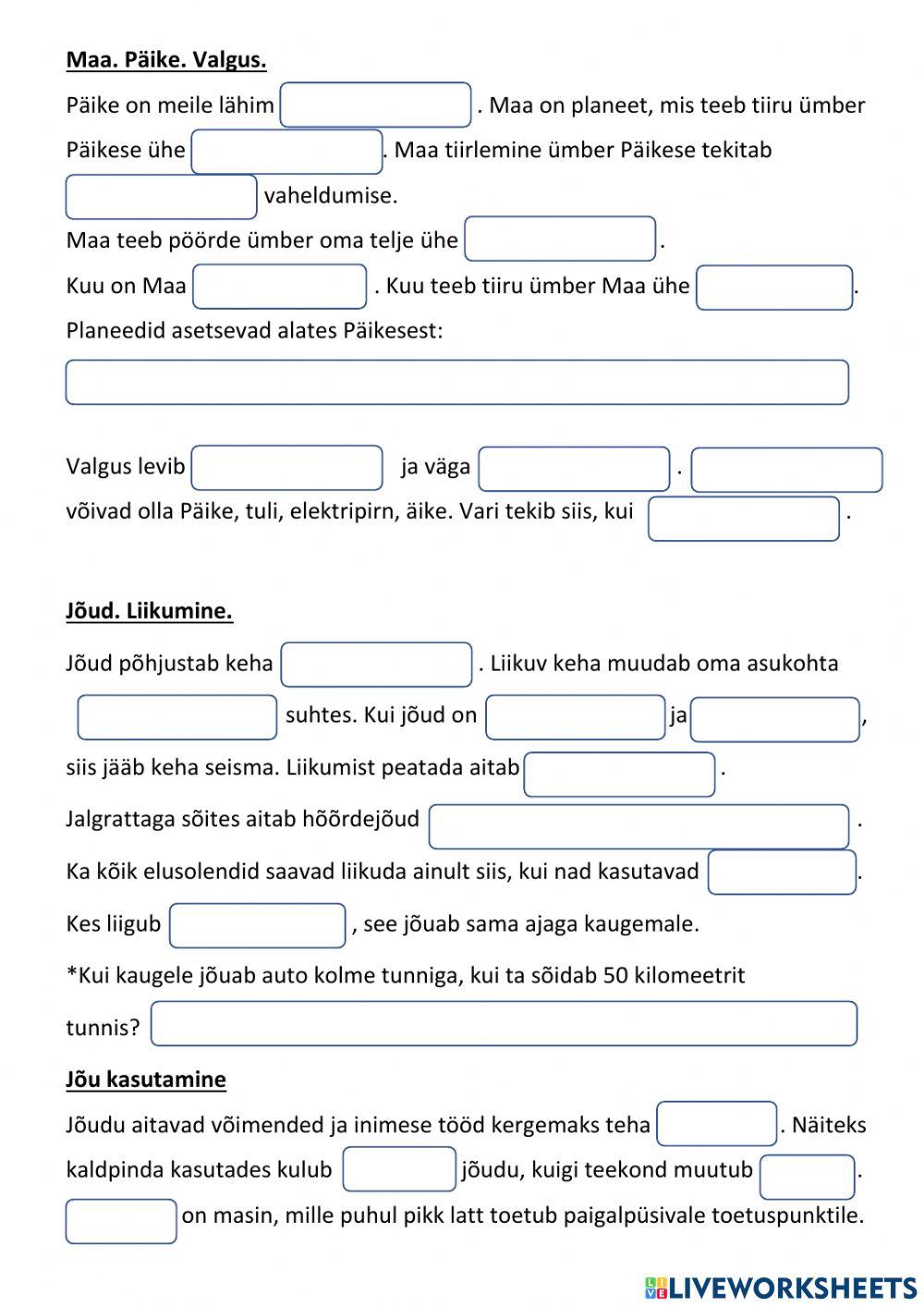 Maa. Päike. Valgus. Jõud. Liikumine