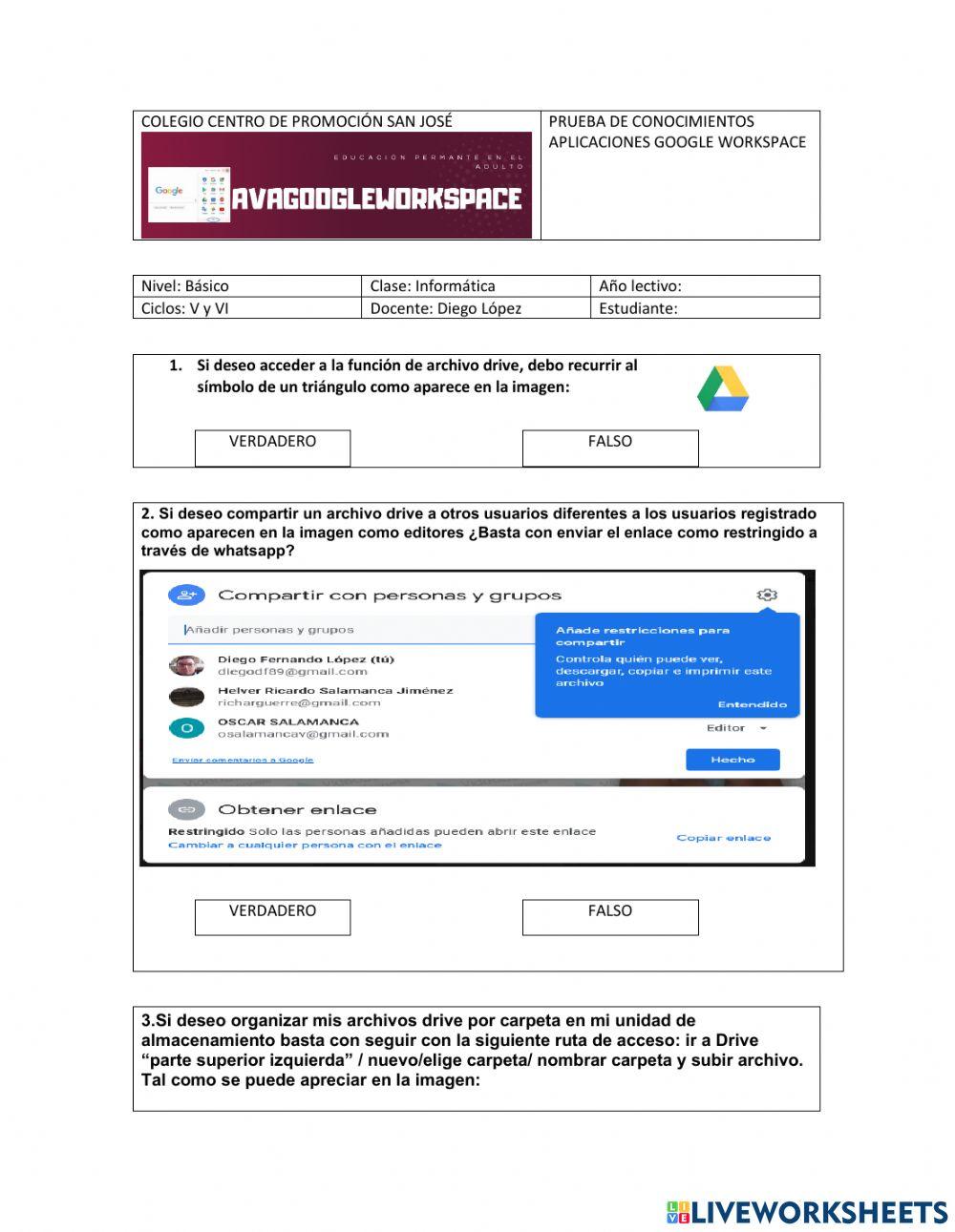 Prueba conocimientos google workspace