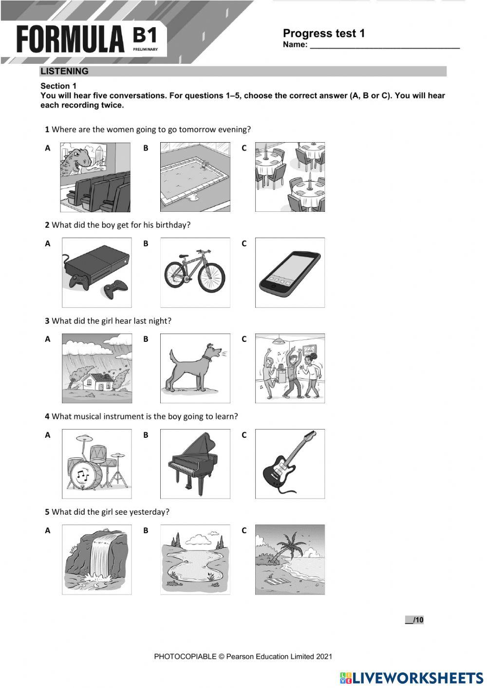 Formula B1 Progress Test 1 (Listening, Reading, Writing)