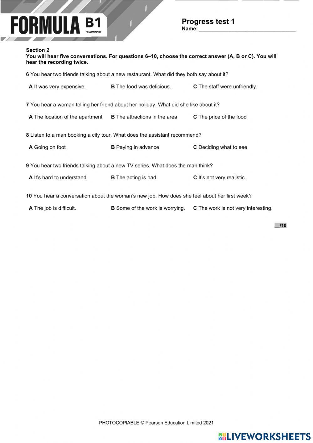 Formula B1 Progress Test 1 (Listening, Reading, Writing)