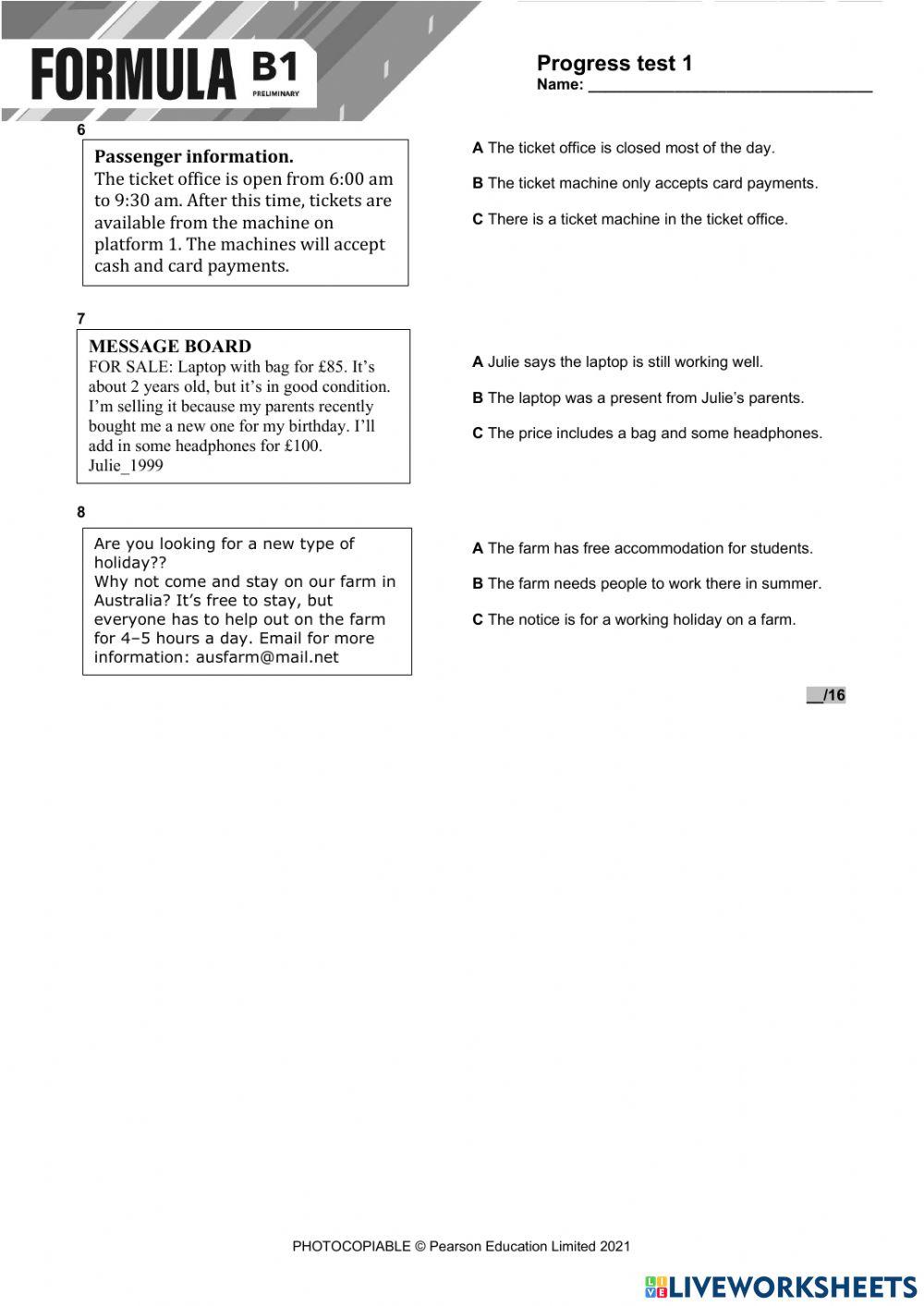 Formula B1 Progress Test 1 (Listening, Reading, Writing)