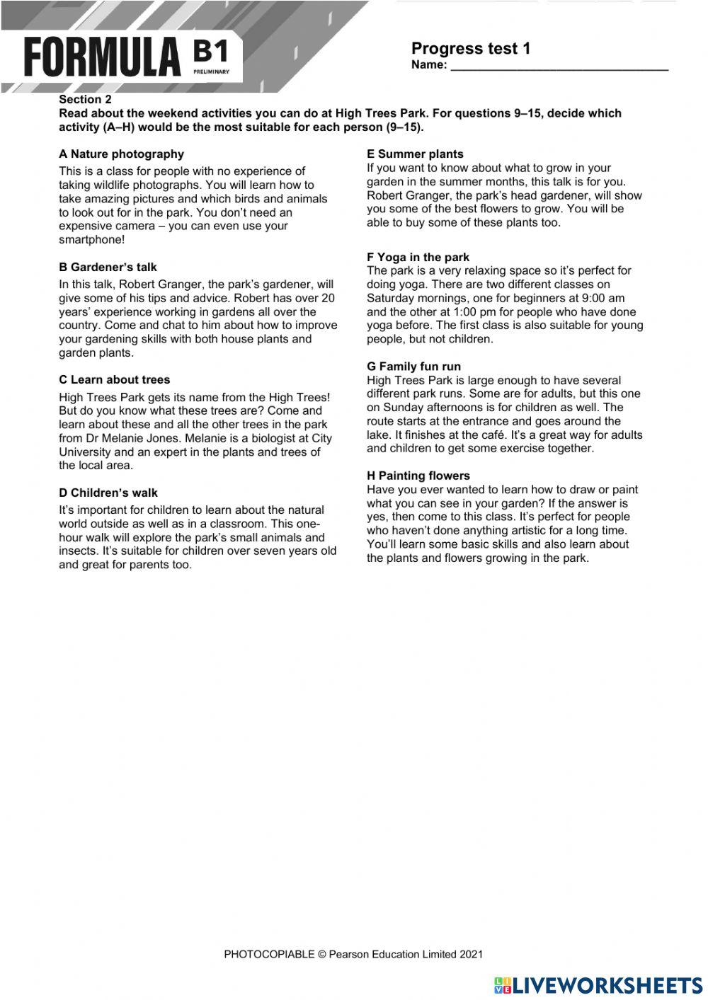 Formula B1 Progress Test 1 (Listening, Reading, Writing)