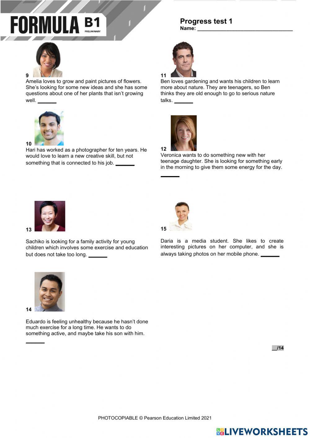 Formula B1 Progress Test 1 (Listening, Reading, Writing)