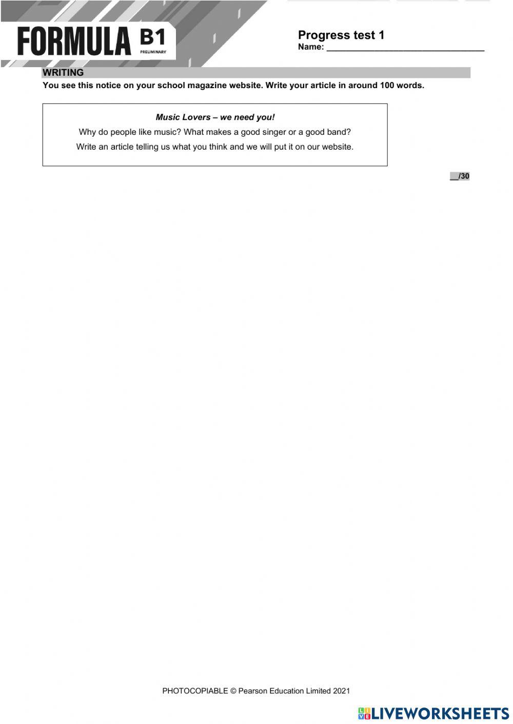 Formula B1 Progress Test 1 (Listening, Reading, Writing)