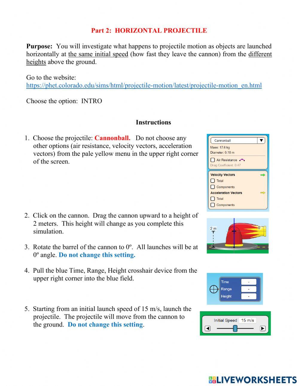 Phet projectile motion simulation part worksheet live