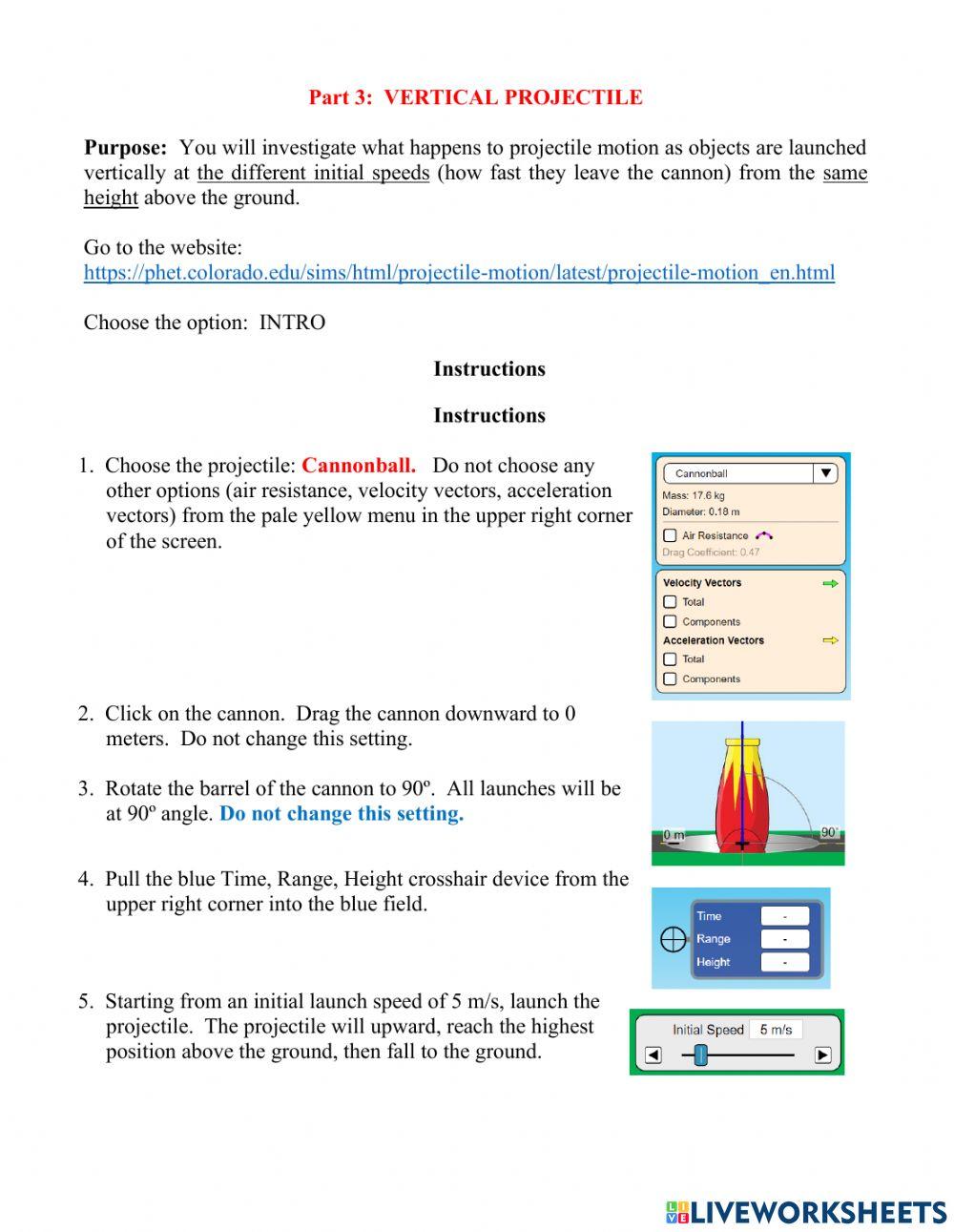 PHET Projectile Motion Simulation Part 1