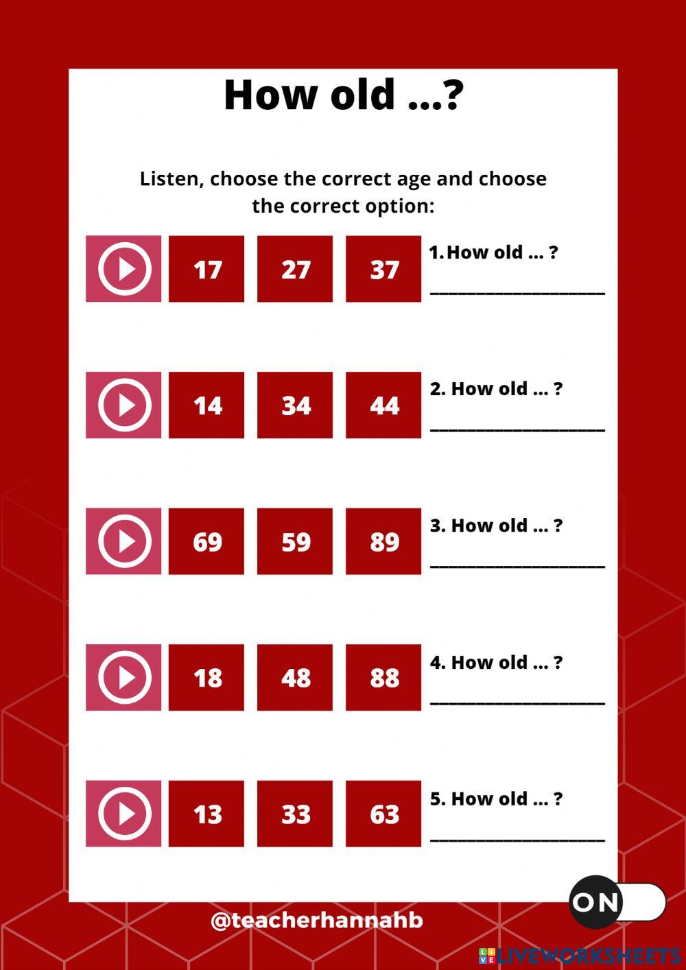 How old ...? 1704 | Teacherhannahb | Live Worksheets