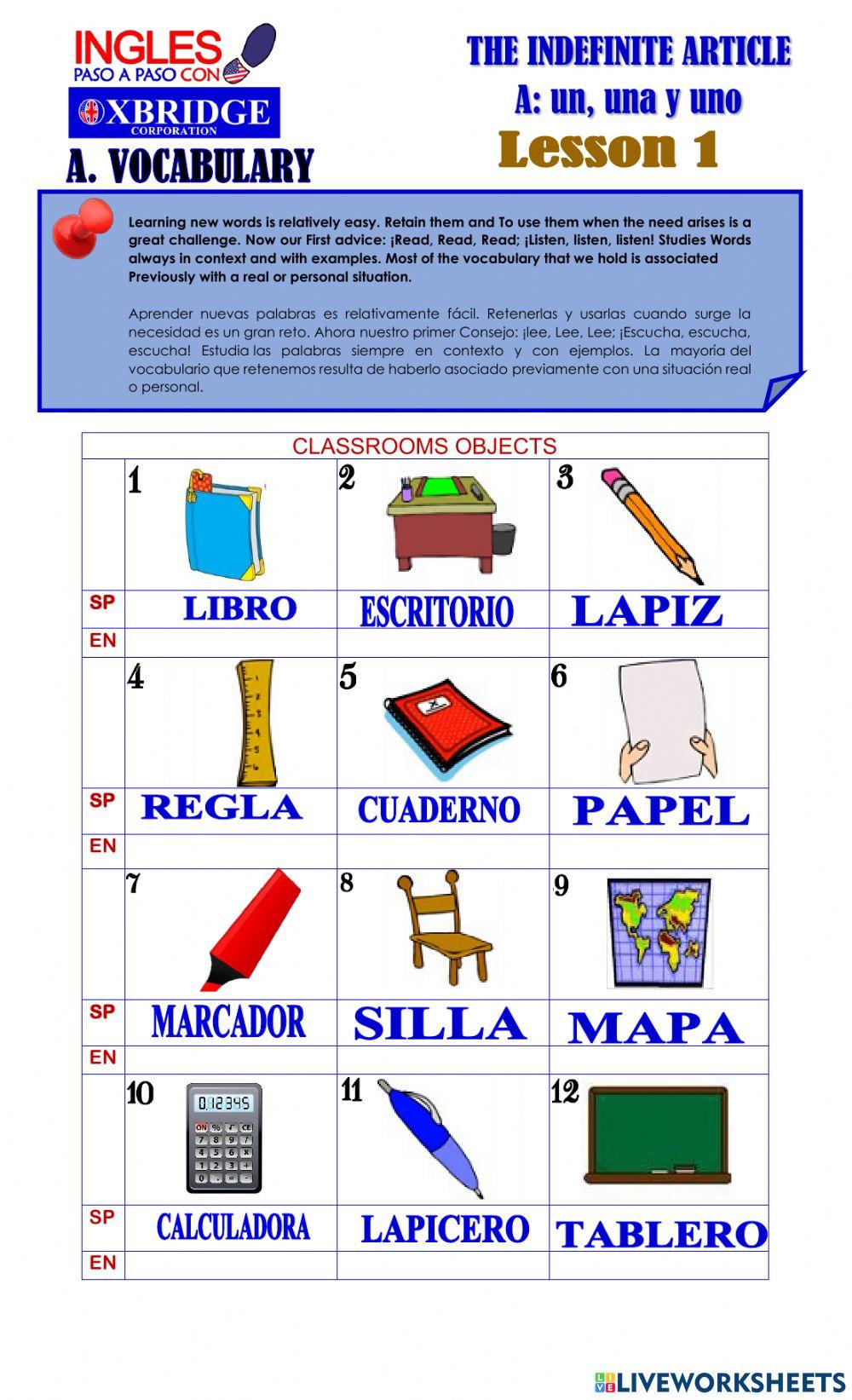 LECCIÓN  1 THE INDEFINITE ARTICLE A: un y una