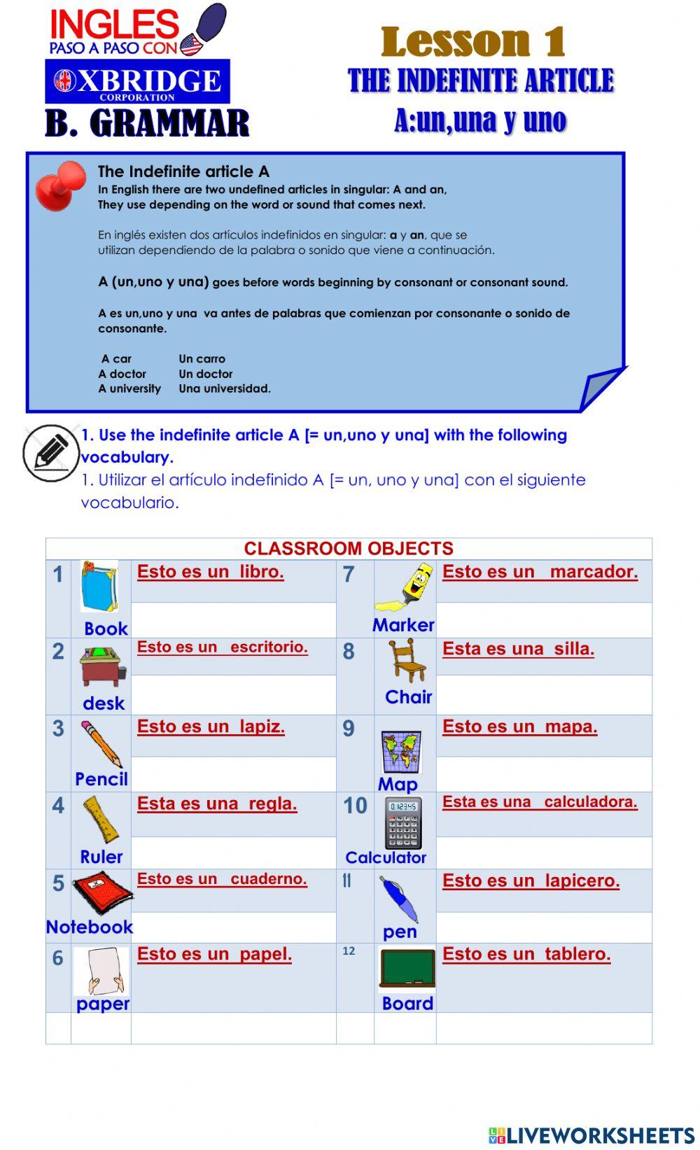 LECCIÓN  1 THE INDEFINITE ARTICLE A: un y una