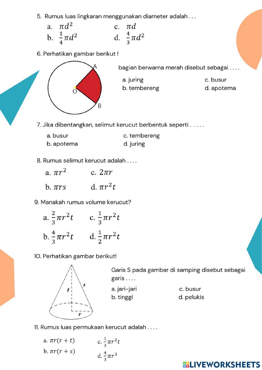Tes Kemampuan Awal Volume dan Luas Permukaan Kerucut