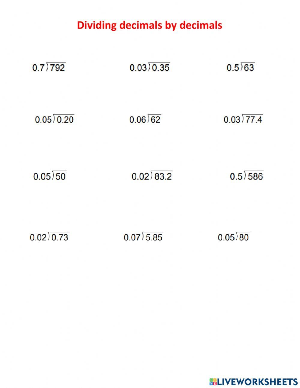 Divide decimal by decimal worksheet Live Worksheets