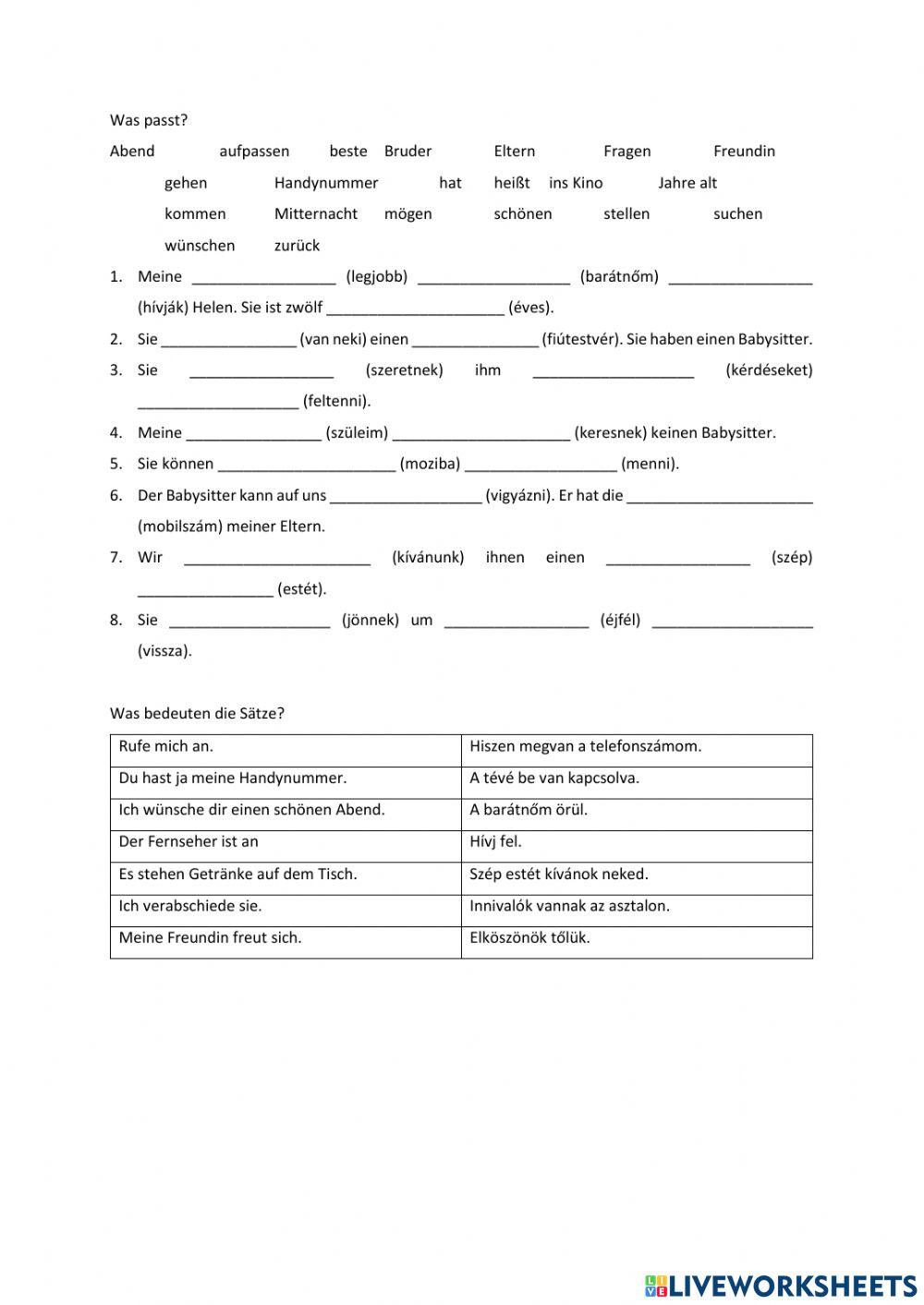 Wortschatz - Deutsch Ungarisch - Babysitten