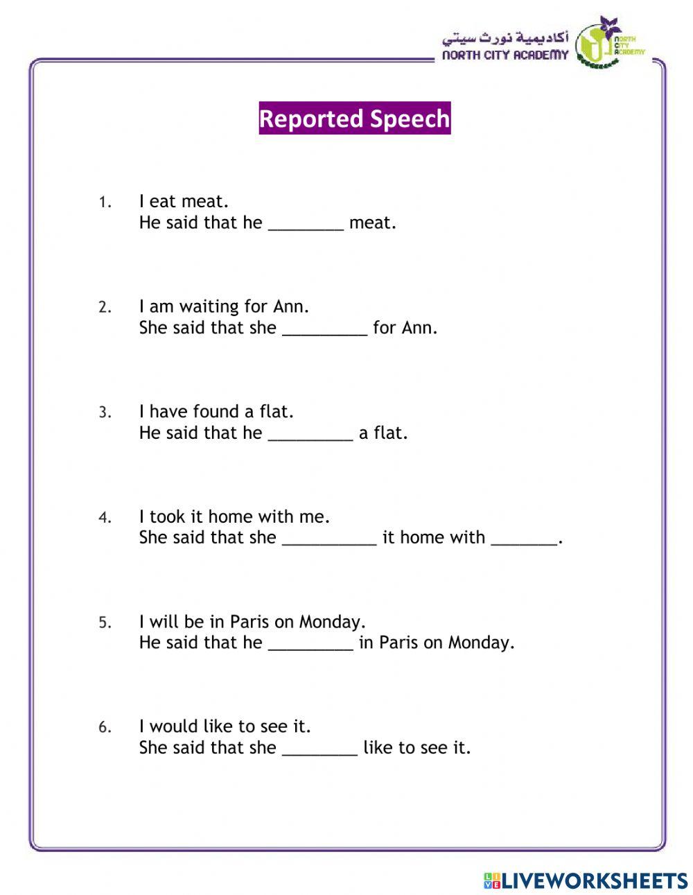 Reported Speech Online Exercise For Live Worksheets Reported Speech Online Exercise For Live Worksheets