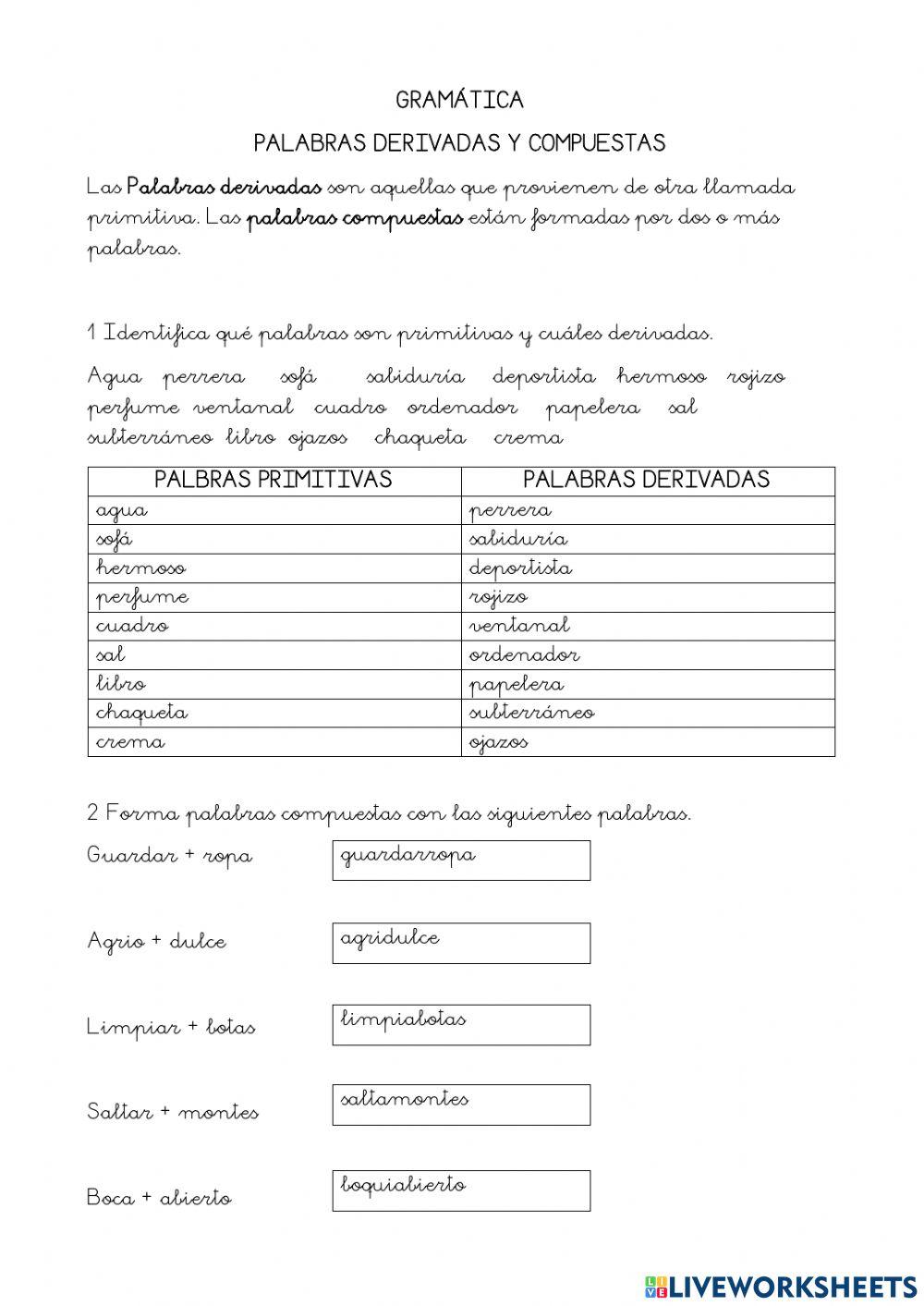 Palabras primitivas derivadas y compuestas