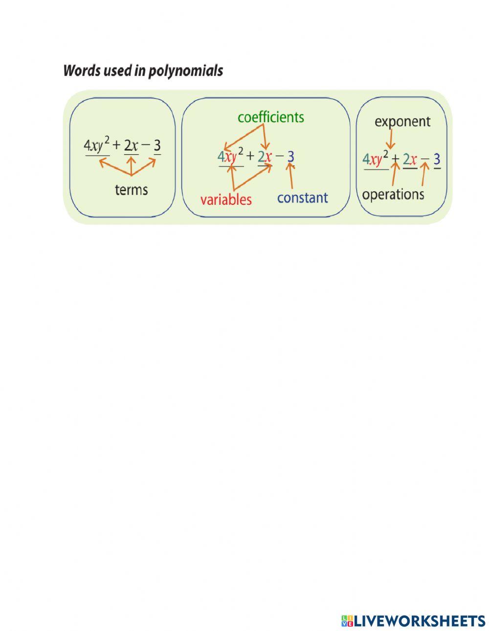 Words used in polynomials online exercise for Live Worksheets