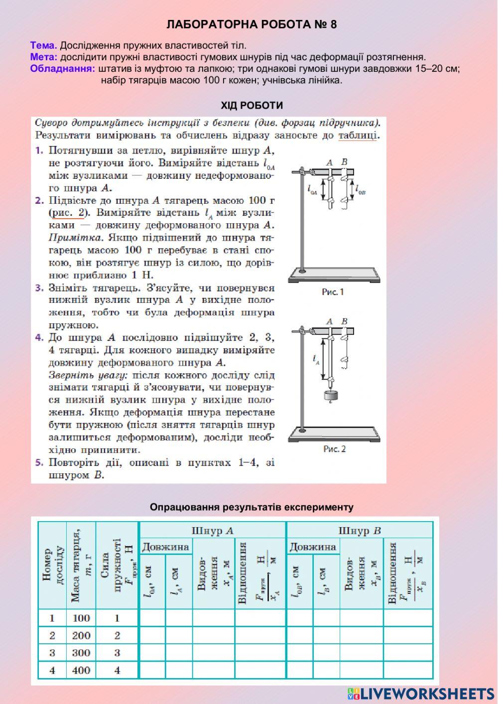 Лабораторна робота №8  „Дослідження пружних властивостей тіл‟