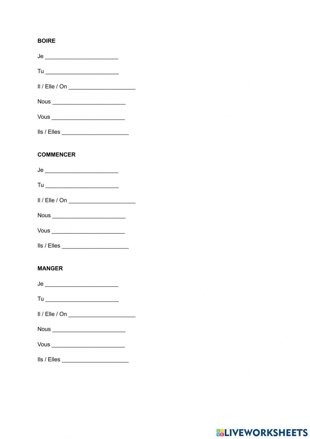 Verbes boire, commencer et manger