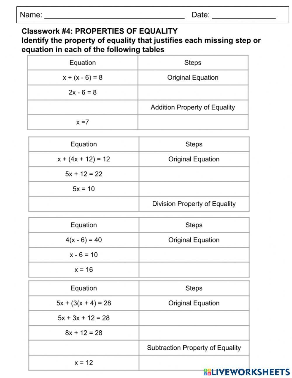 Properties of Equality worksheet | Live Worksheets properties-of-equality-worksheet-live-worksheets