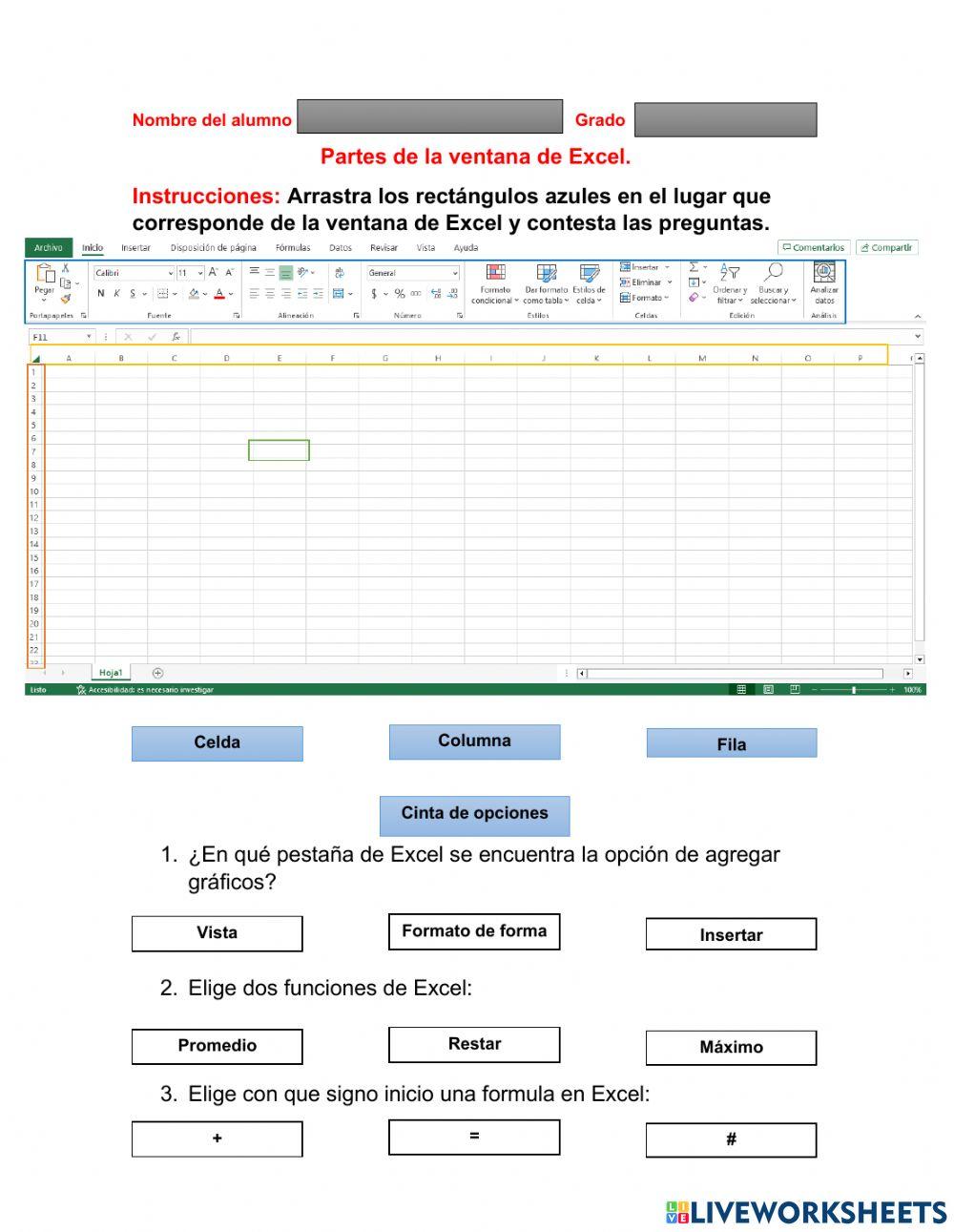Partes de la ventana de Excel