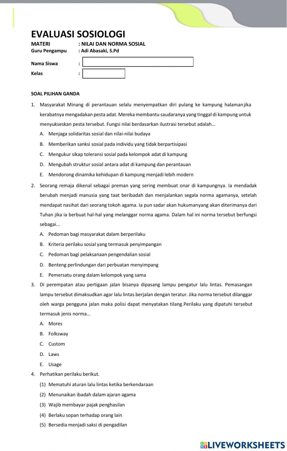 Evaluasi Materi Nilai dan Norma Sosial