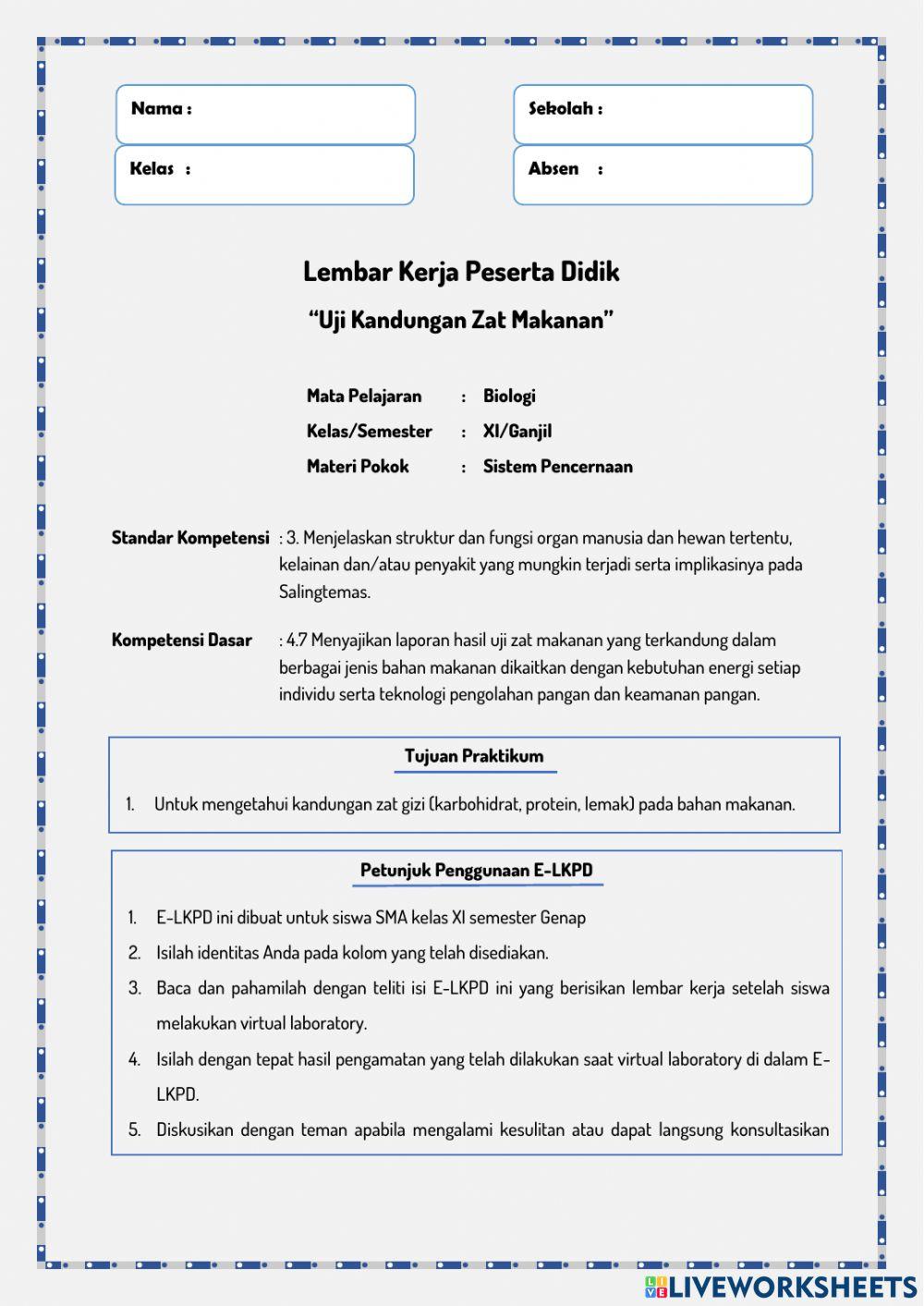 E-LKPD Uji Zat Makanan