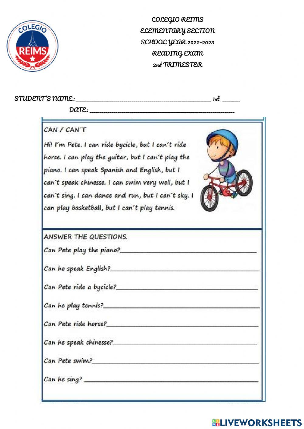 1°Reading exam 2nd trim