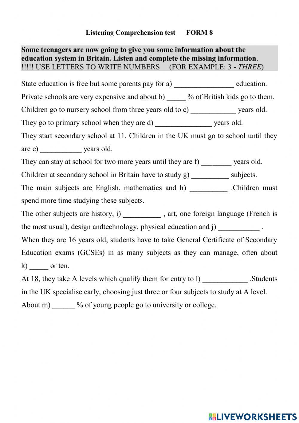 ОЛИМПИАДА LISTENING education FORM 8