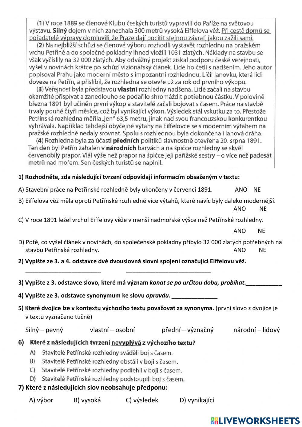 Petřínská rozhledna - práce s textem