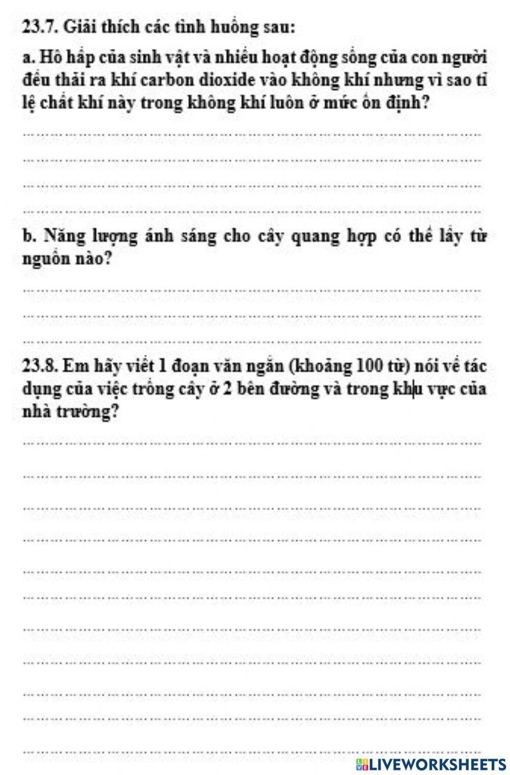 Bài tập về Quang hợp ở cây xanh