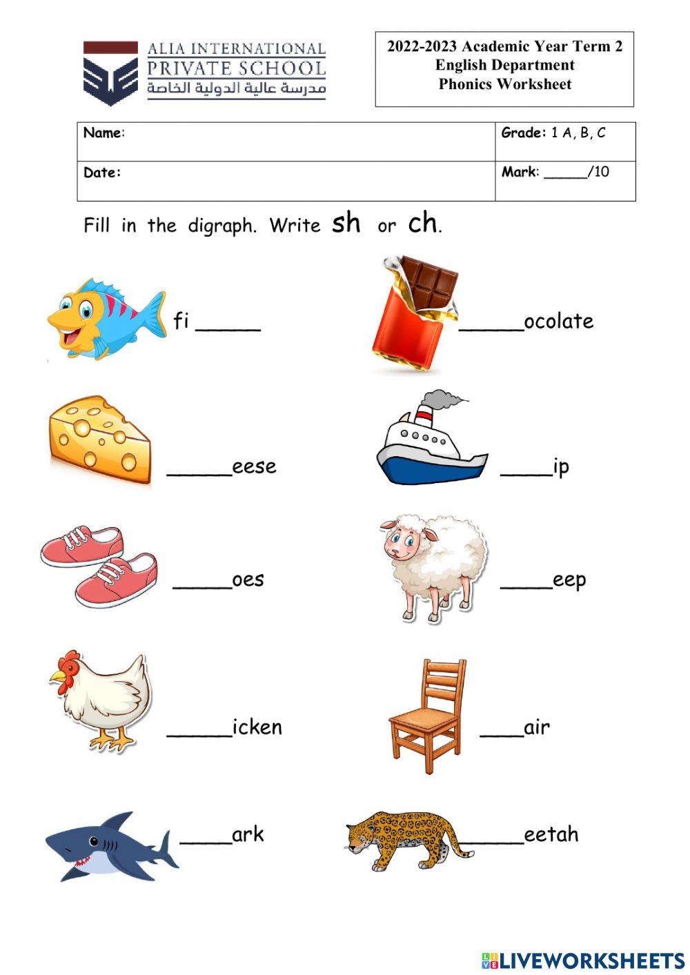 Consonant Digraph sh and ch worksheet | Live Worksheets