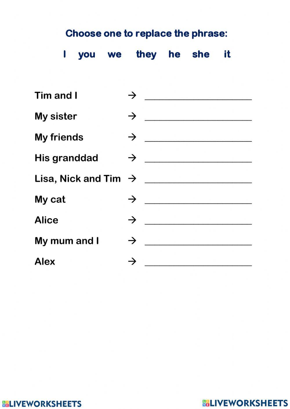 Subject pronoun English as a Second Language (ESL) worksheet Live