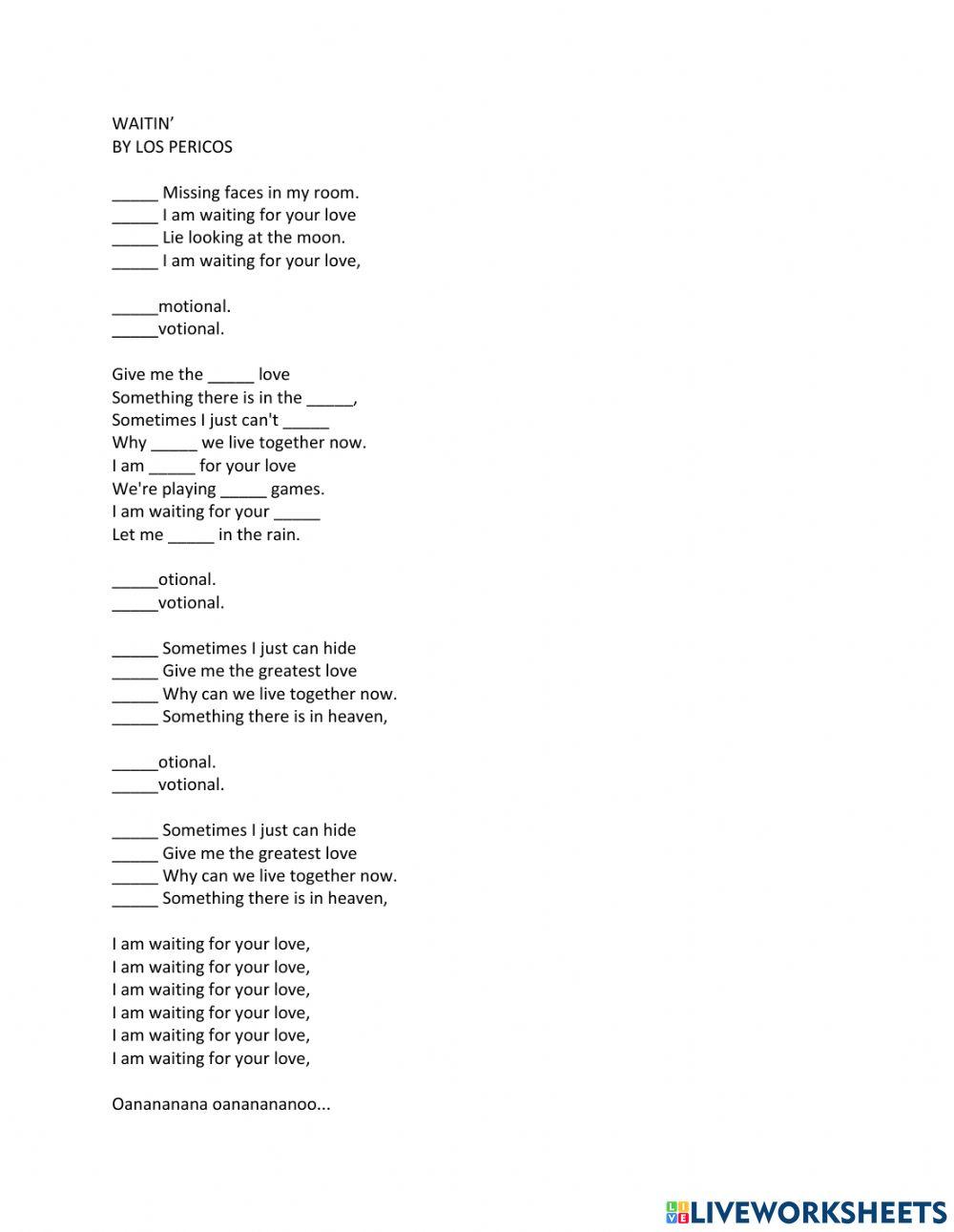 Song worksheet Waitin' Los Pericos worksheet