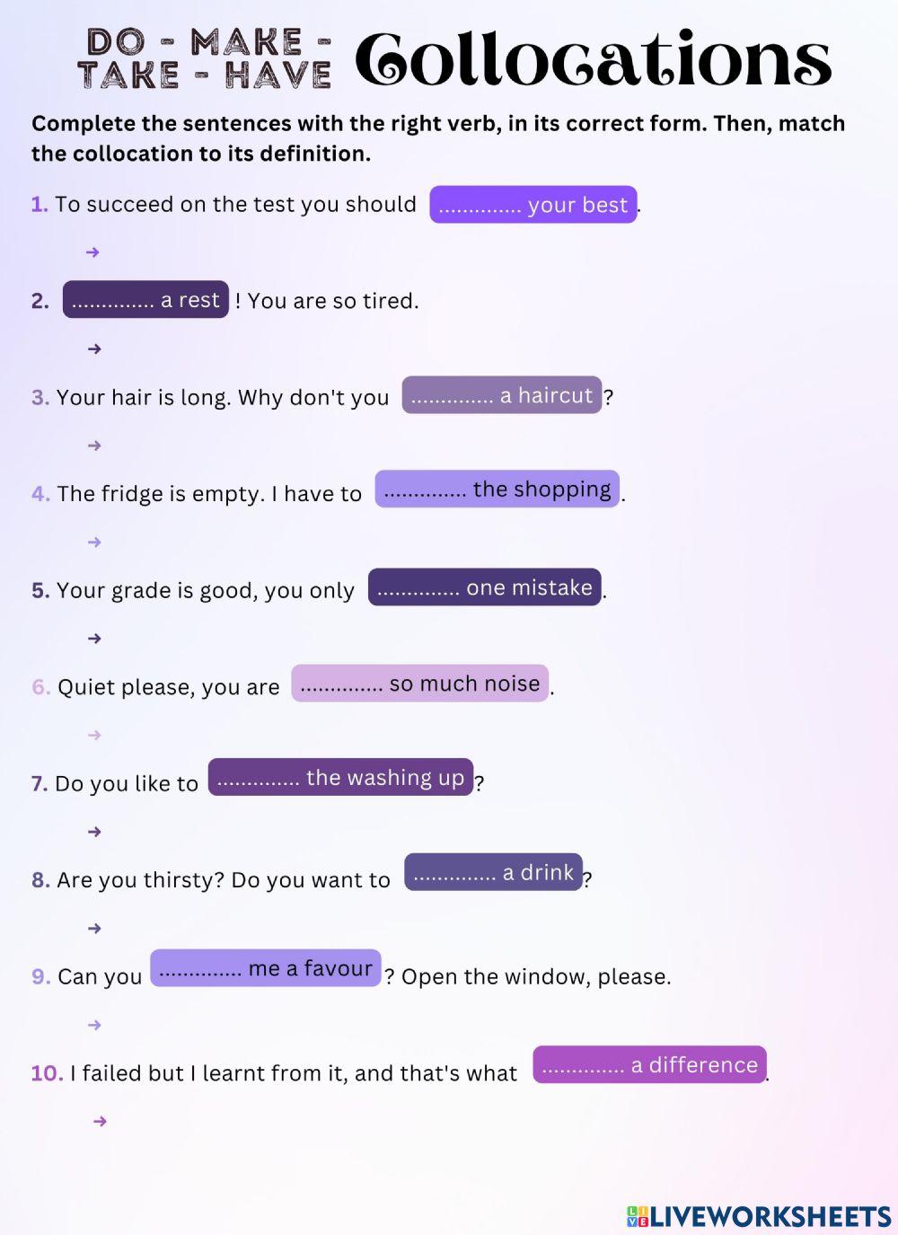 2298585 collocation meanings do make have and take