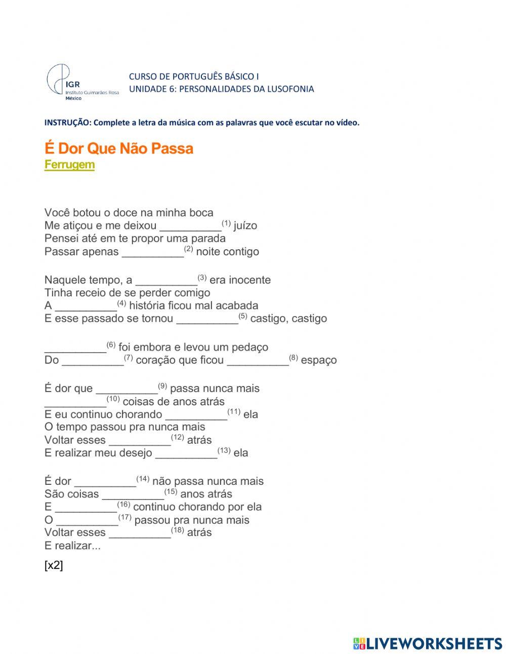 Música com lacunas de vários tipos de palavras