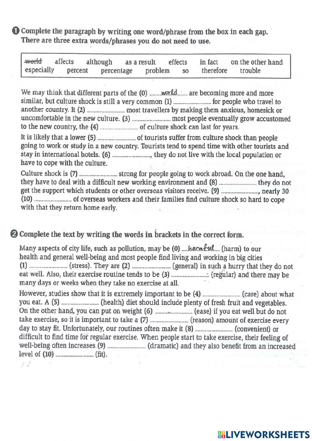 Unit 2 vocab and grammar online exercise for live worksheets