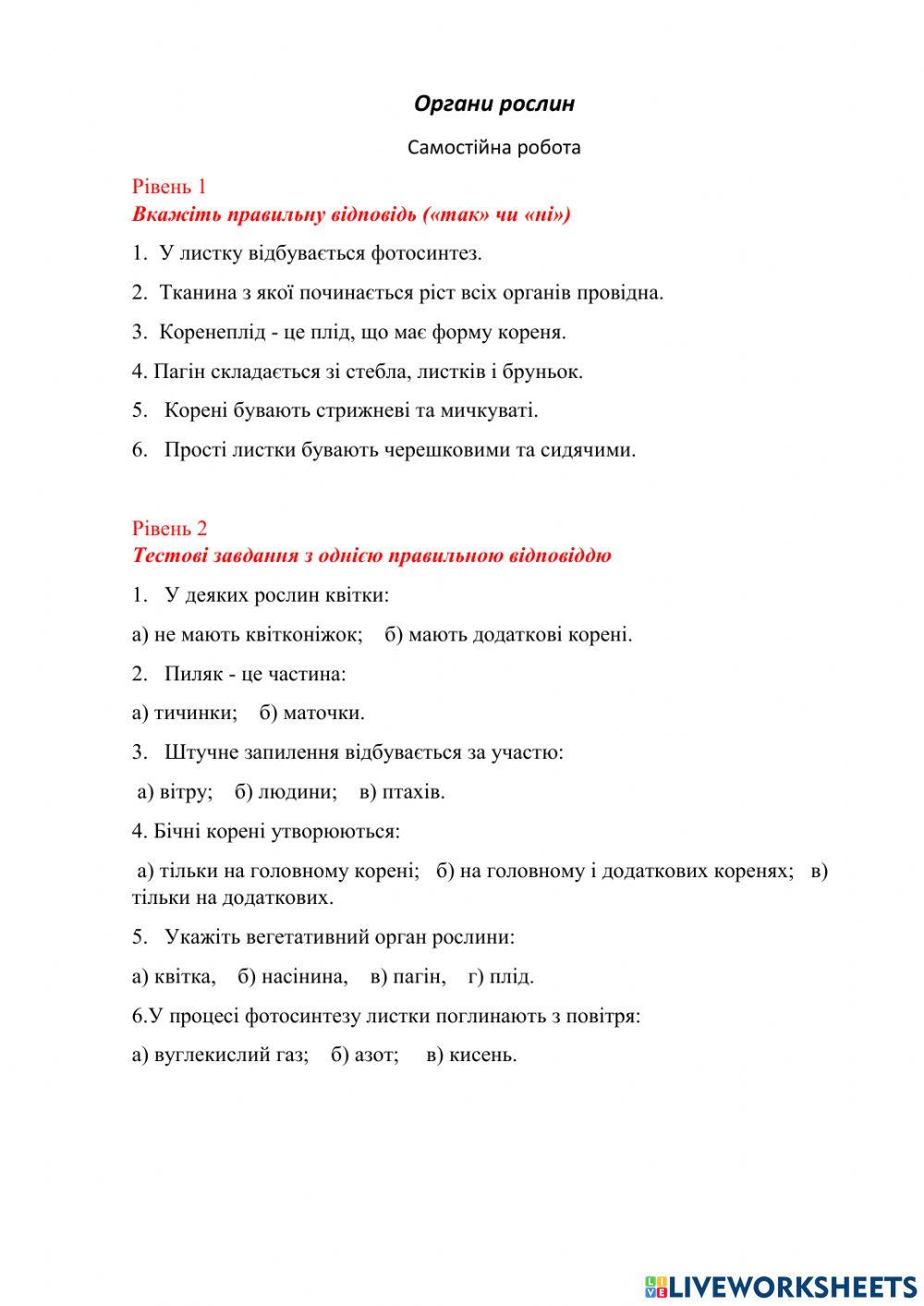 Органи рослин. Самостійна робота
