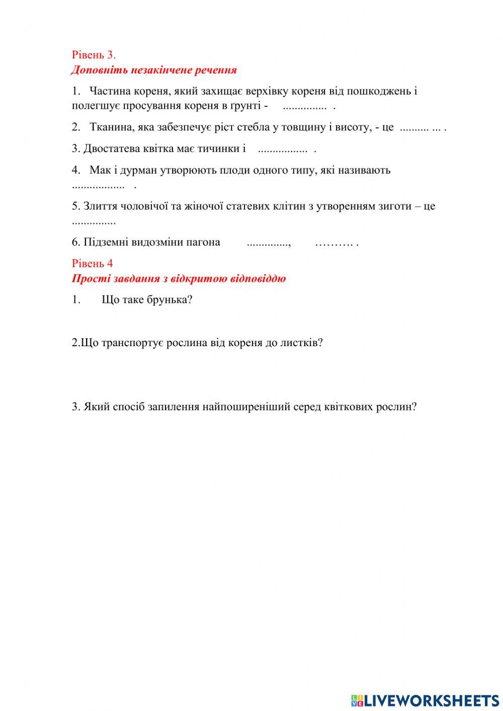 Органи рослин. Самостійна робота