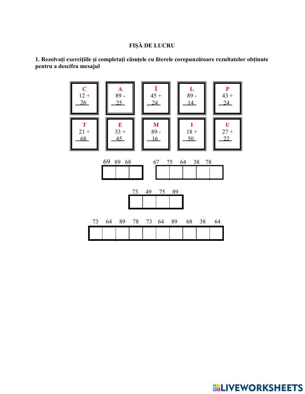 FIȘĂ DE LUCRU- adunare și scăderea 0-100