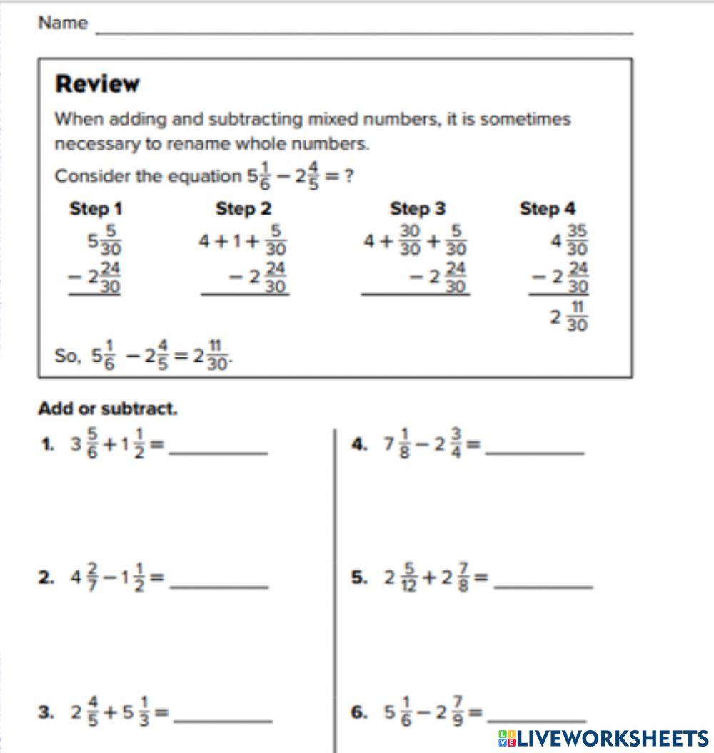 Add and subtract mixed numbers with regrouping Level 2