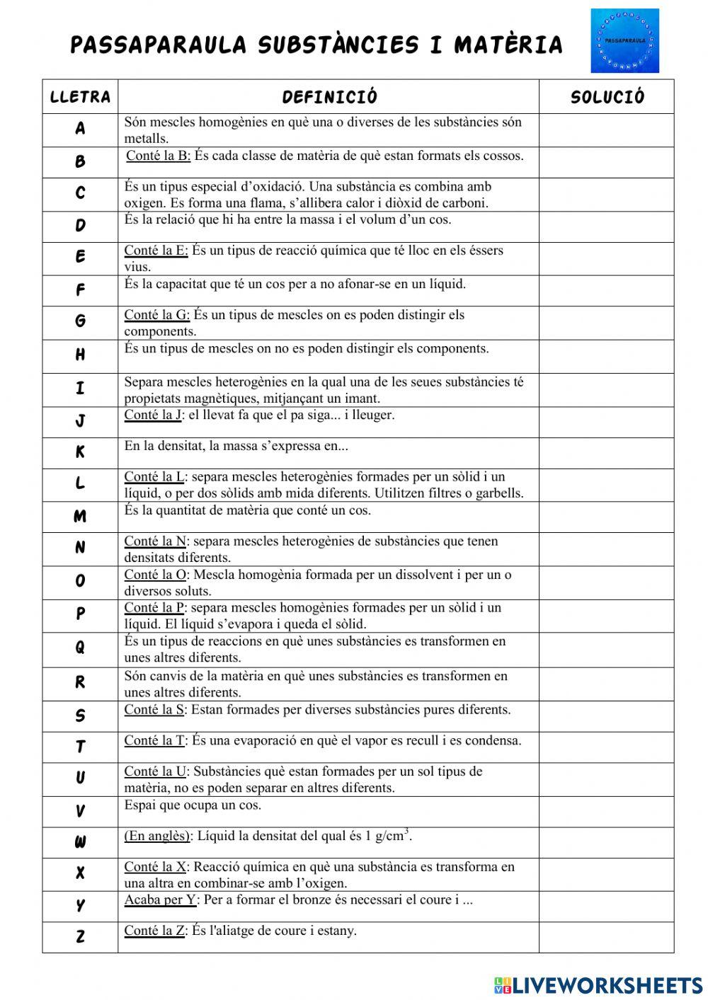 Passaparaula Substàncies i matèria