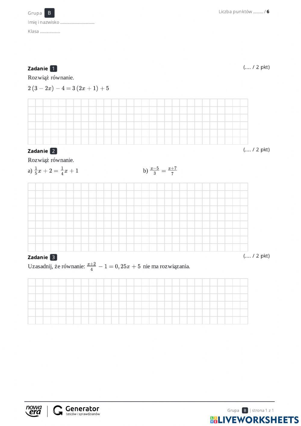 Sprawdzian Z Równań Klasa 7 2548337 | Kartkówka V2 Równania Matematyka klasa 7
