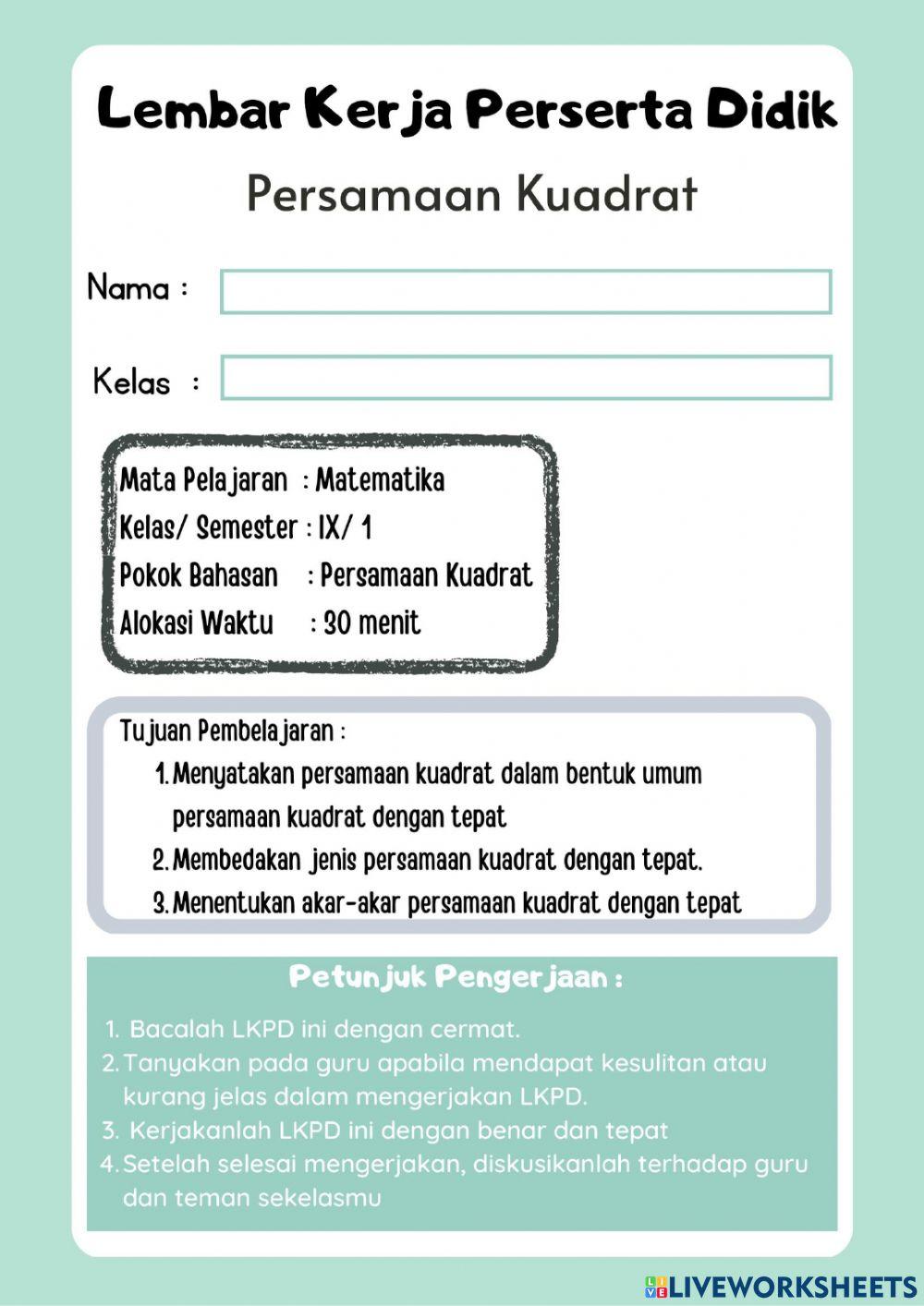 LKPD Persamaan Kuadrat