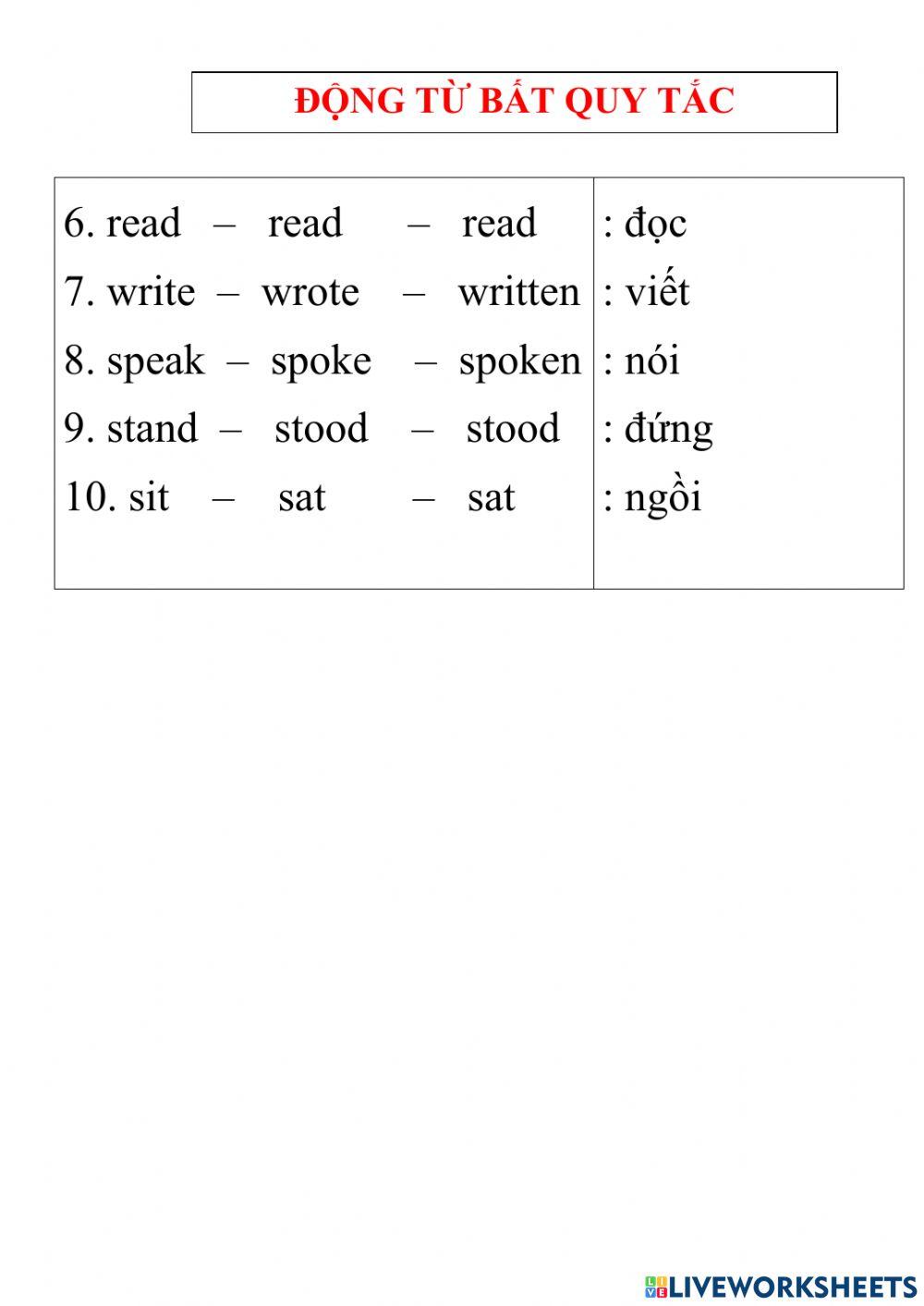 Động từ bất quy tắc 6-10