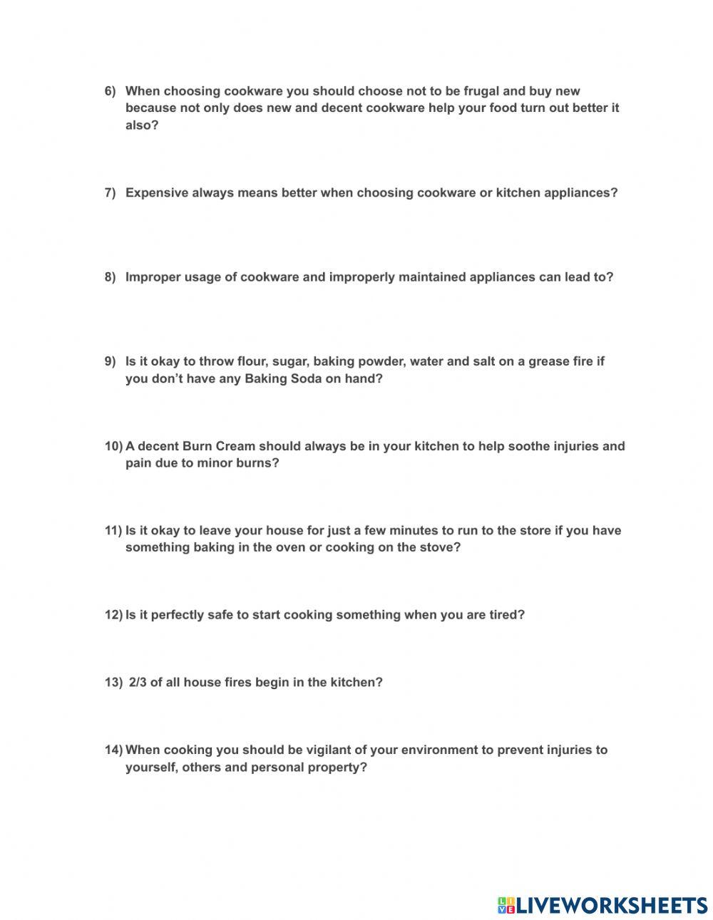 Kitchen Safety online exercise for Live Worksheets